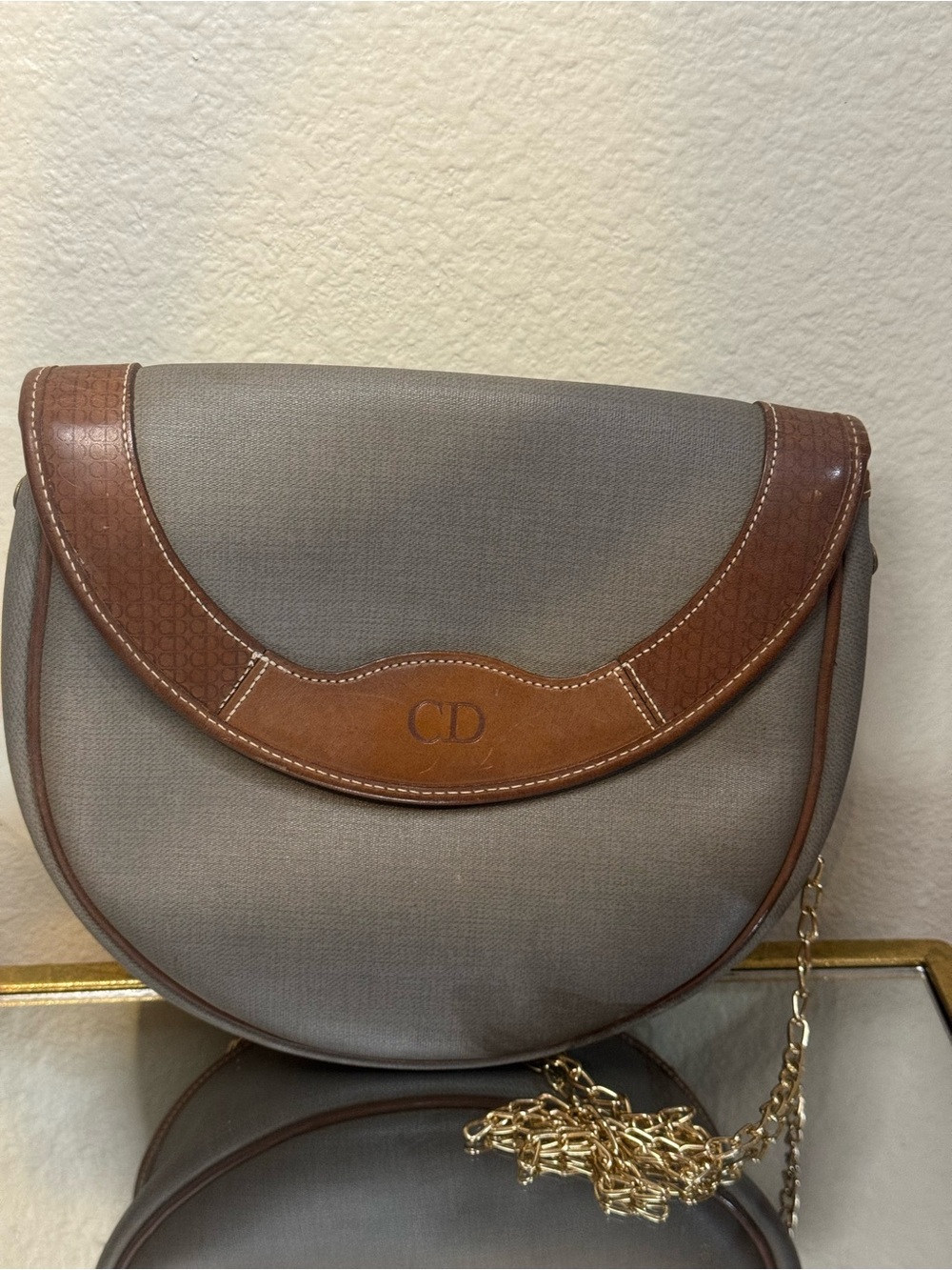 Christian Dior Gray Canvas & Brown Leather Crossbody Bag Vintage